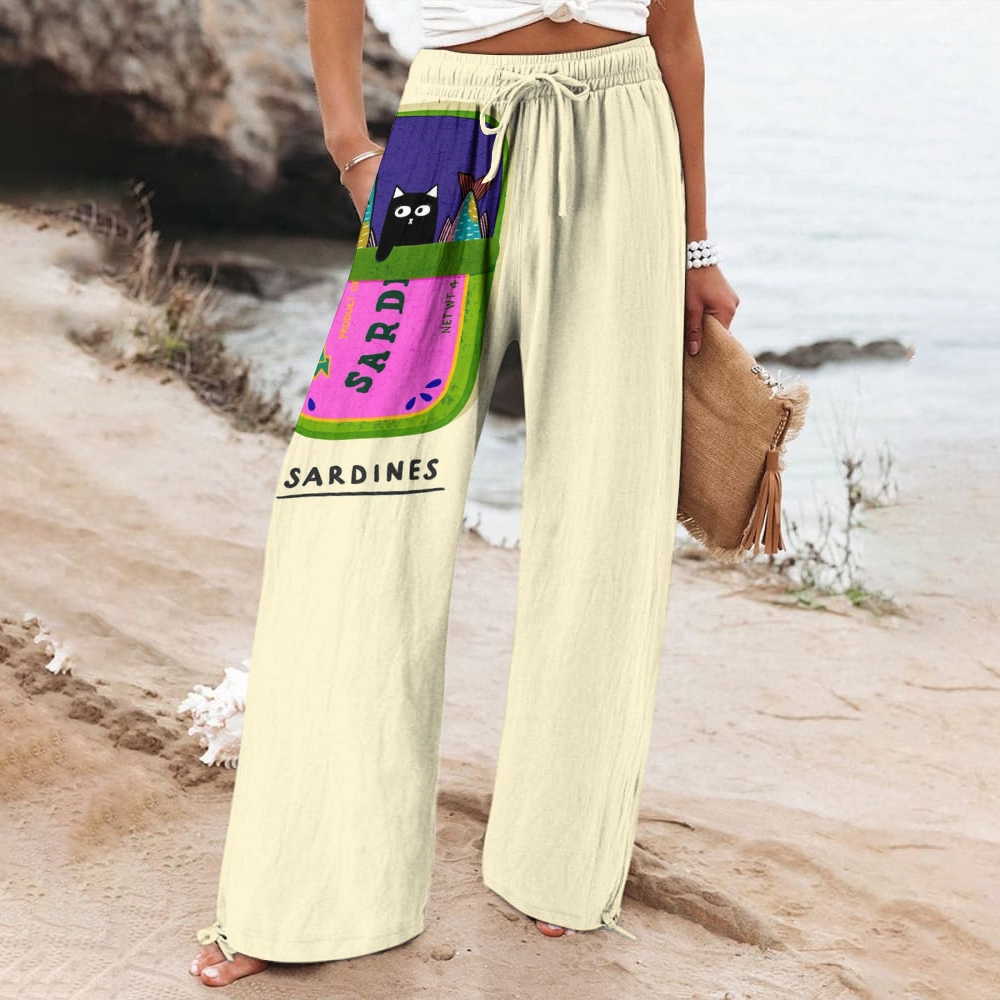 Women's Sardine Printde Cotton And Linen Wide Leg Casual Pants