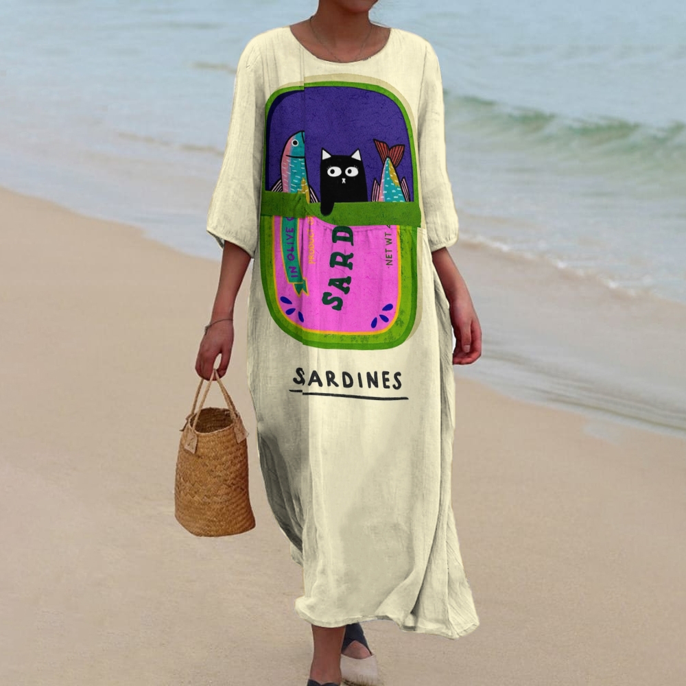 Women's Sardine Printed Cotton And Linen Maxi Dress