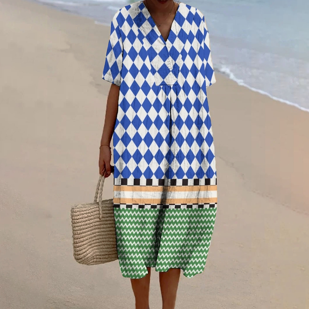 Women's Abstract Geometric Splicing Print Flowy Linen Dress