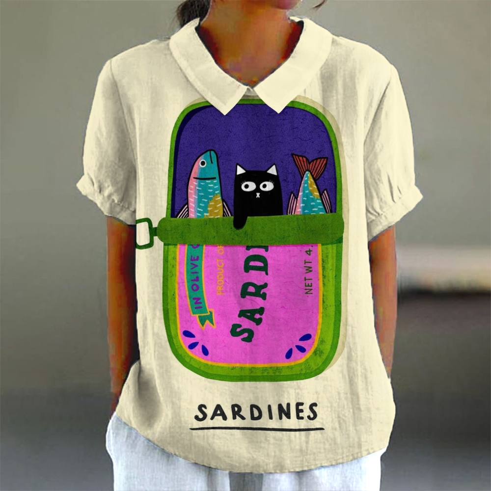 Women's Sardine Printed Casual Cotton and Linen Short Sleeve Shirt