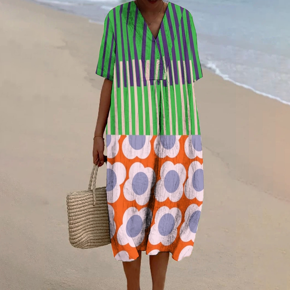 Women's Stripe Daisy Print Flowy Linen Dress