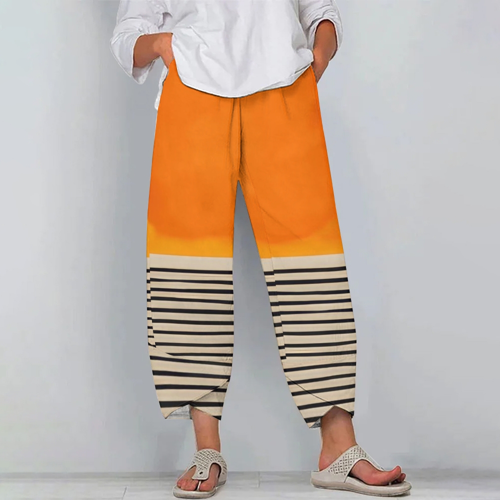 Women's Casual Stripe Printed Cotton And Linen Pants
