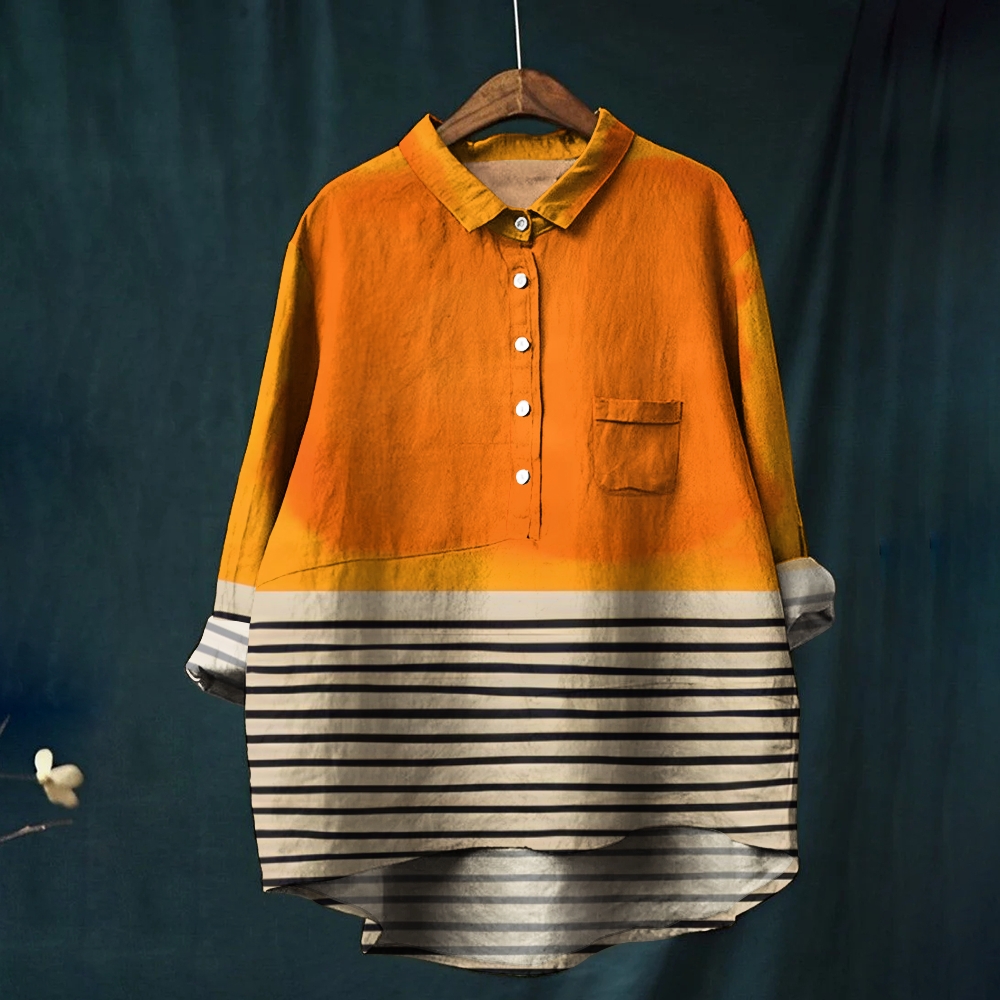 Women's Stripe Print Casual Cotton And Linen Shirt