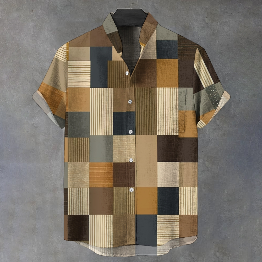 Men's Stand Collar Plaid Printed Short Sleeve Shirt