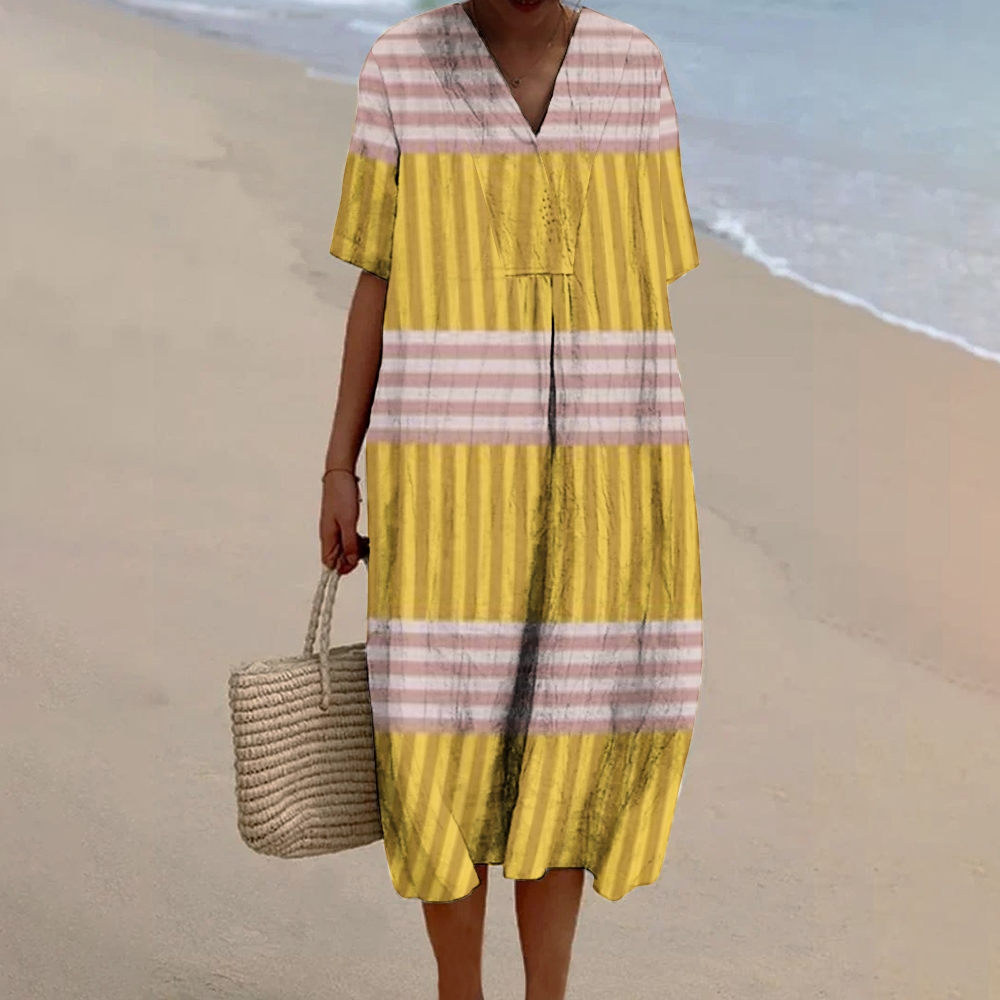 Women's Stripe Patchwork Print Flowy Linen Dress