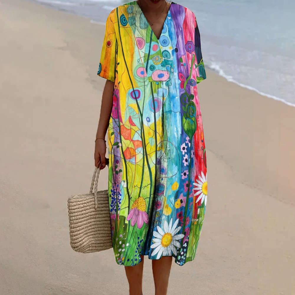 Women's Attractive Colorful Flowers And Plants Print Flowy Linen Dress