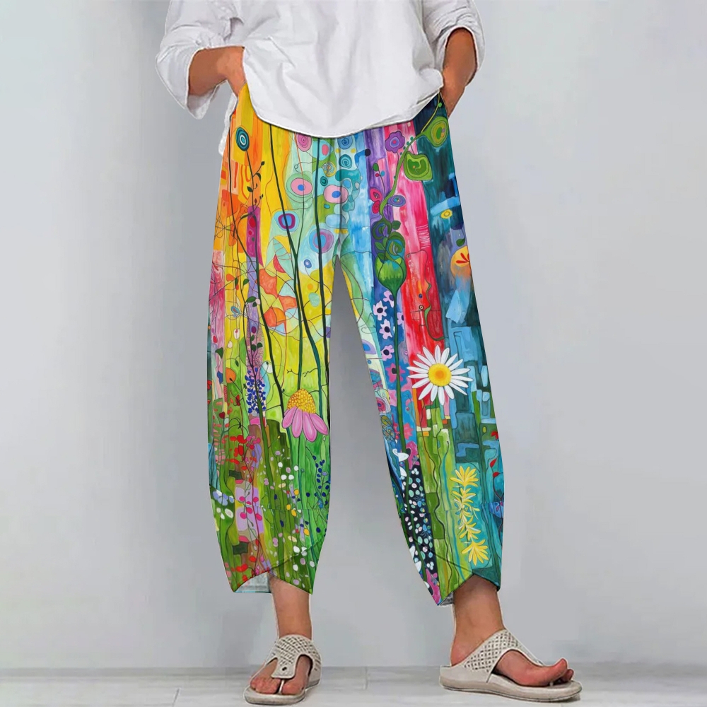 Women's Attractive Colorful Flowers And Plants Casual Printed Cotton And Linen Pants