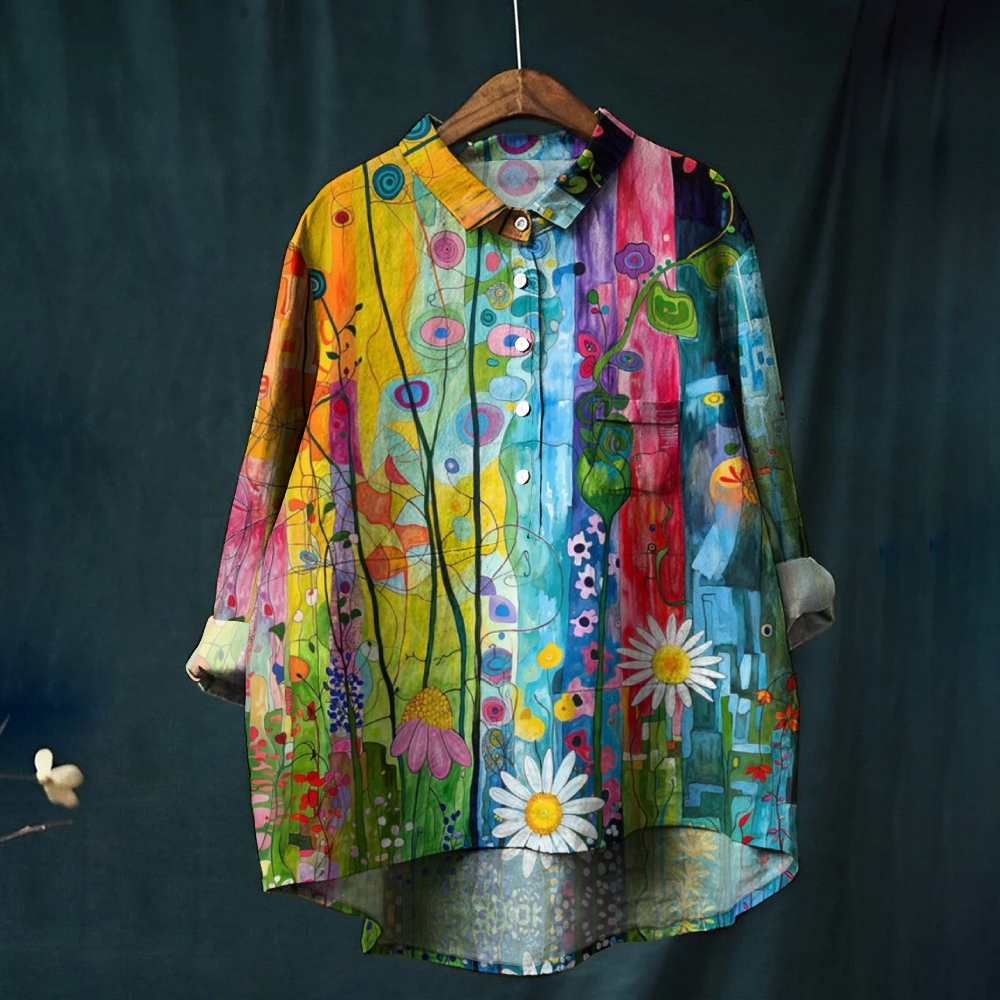 Women's Attractive Colorful Flowers And Plants Print Casual Cotton And Linen Shirt