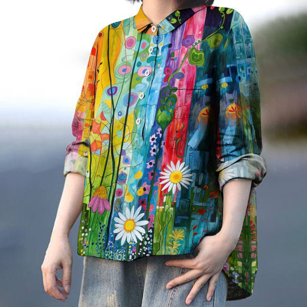 Women's Attractive Colorful Flowers And Plants Print Casual Cotton And Linen Shirt