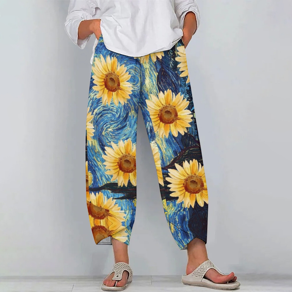 Women's Oil Painting Impressionist Sunflower Casual Printed Cotton And Linen Pants