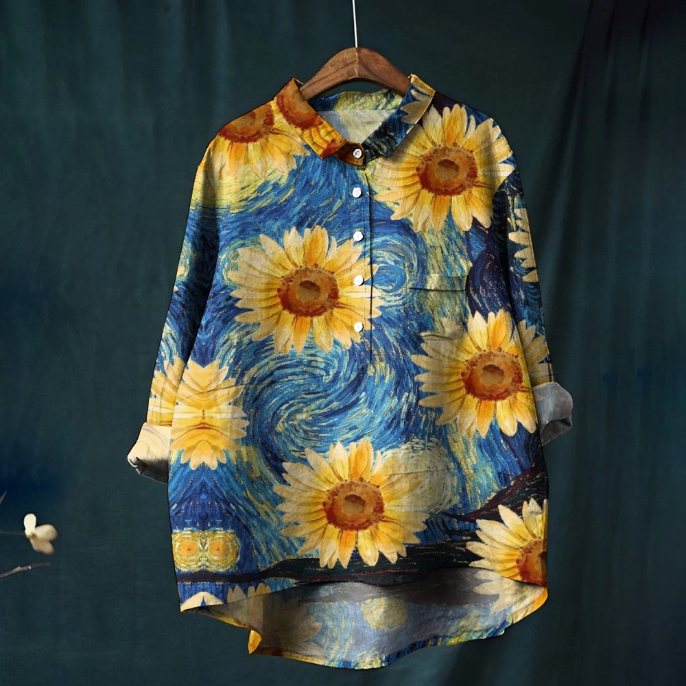 Women's Oil Painting Impressionist Sunflower Print Casual Cotton And Linen Shirt