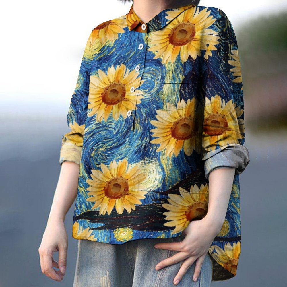 Women's Oil Painting Impressionist Sunflower Print Casual Cotton And Linen Shirt
