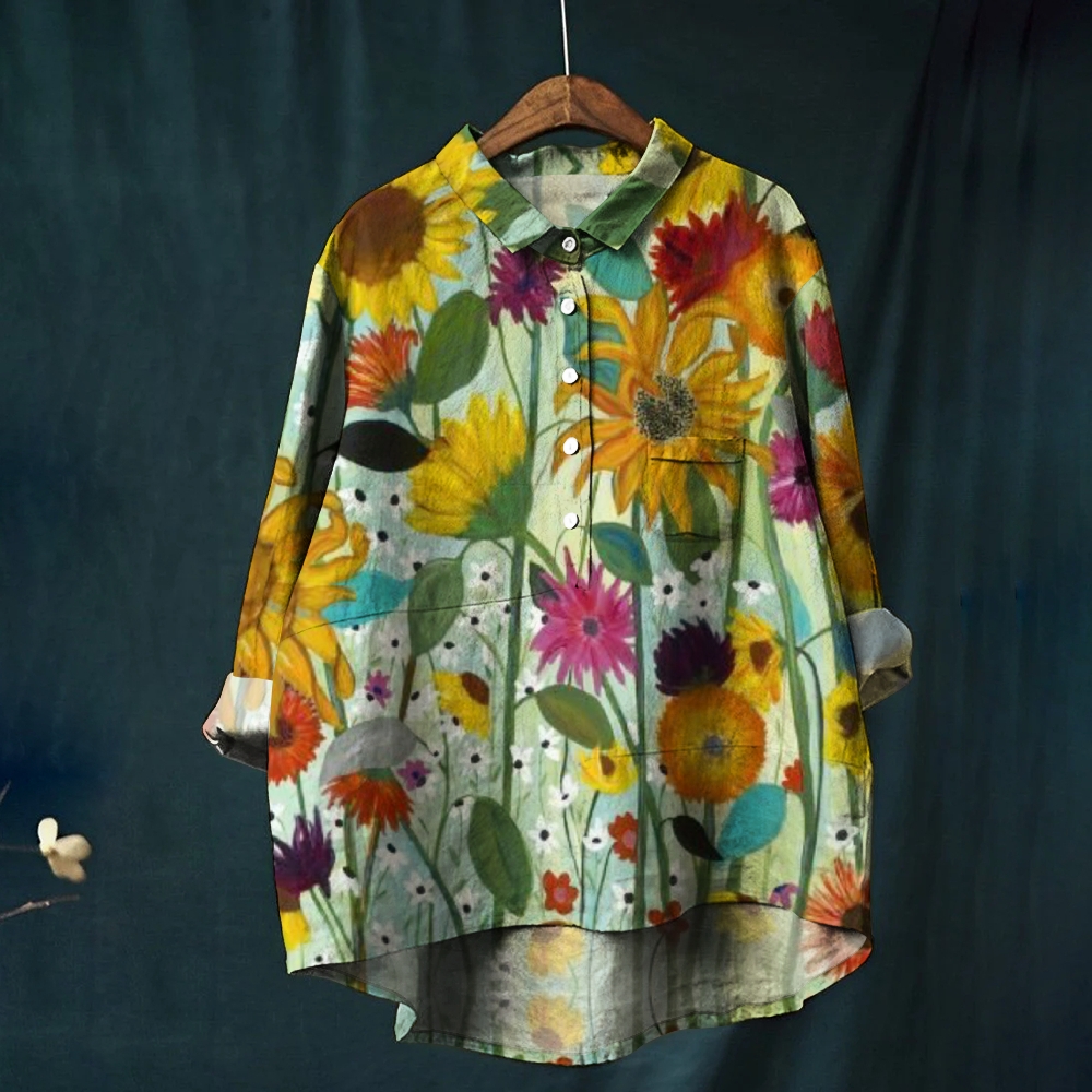 Women's Oil Painting Impressionist Sunflower Print Casual Cotton And Linen Shirt