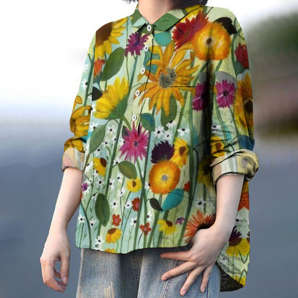 Women's Oil Painting Impressionist Sunflower Print Casual Cotton And Linen Shirt
