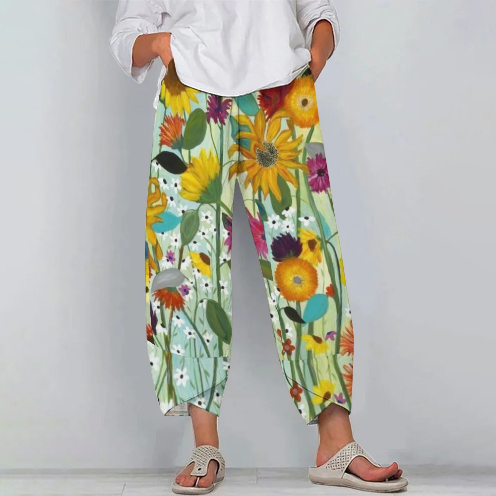 Women's Casual Oil Painting Impressionist Sunflower Printed Cotton And Linen Pants