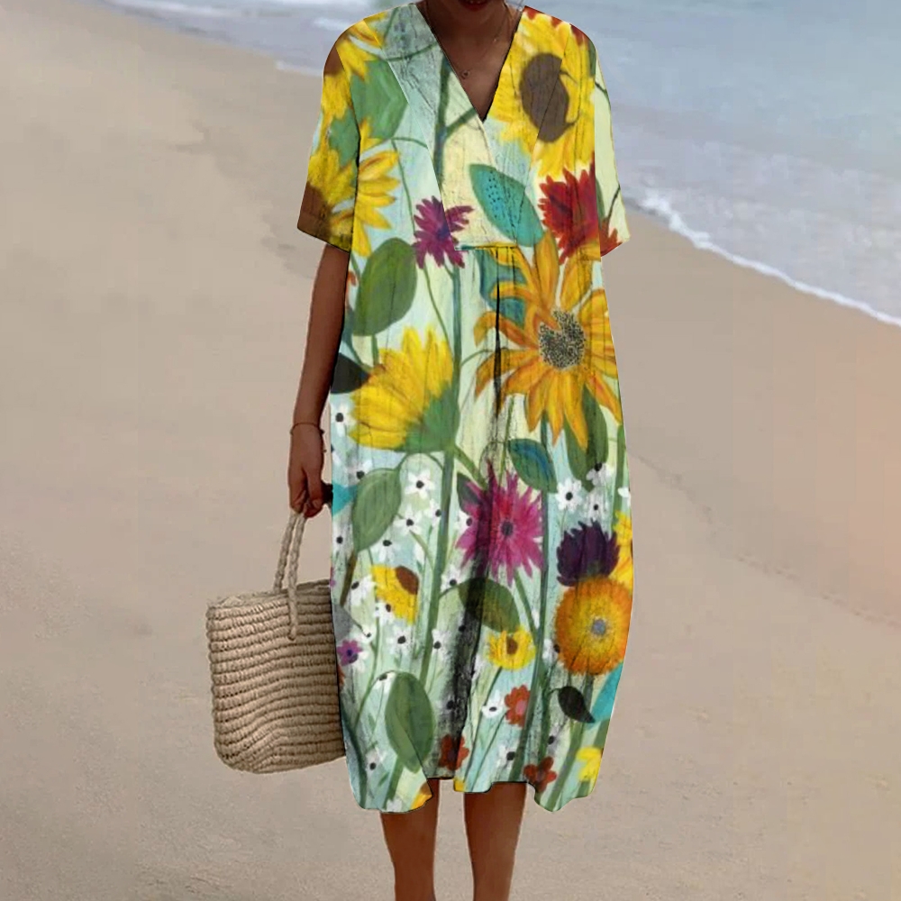 Women's Oil Painting Impressionist Sunflower Print Flowy Linen Dress