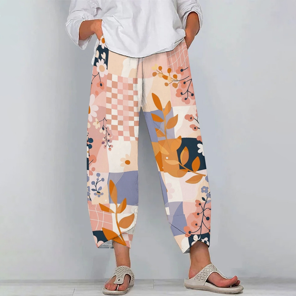 Women's Casual Flowers Printed Cotton And Linen Pants