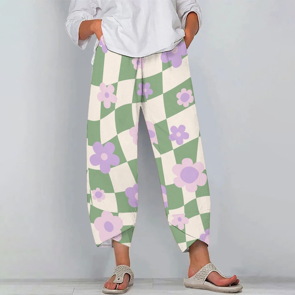 Women's Casual Flowers Printed Cotton And Linen Pants