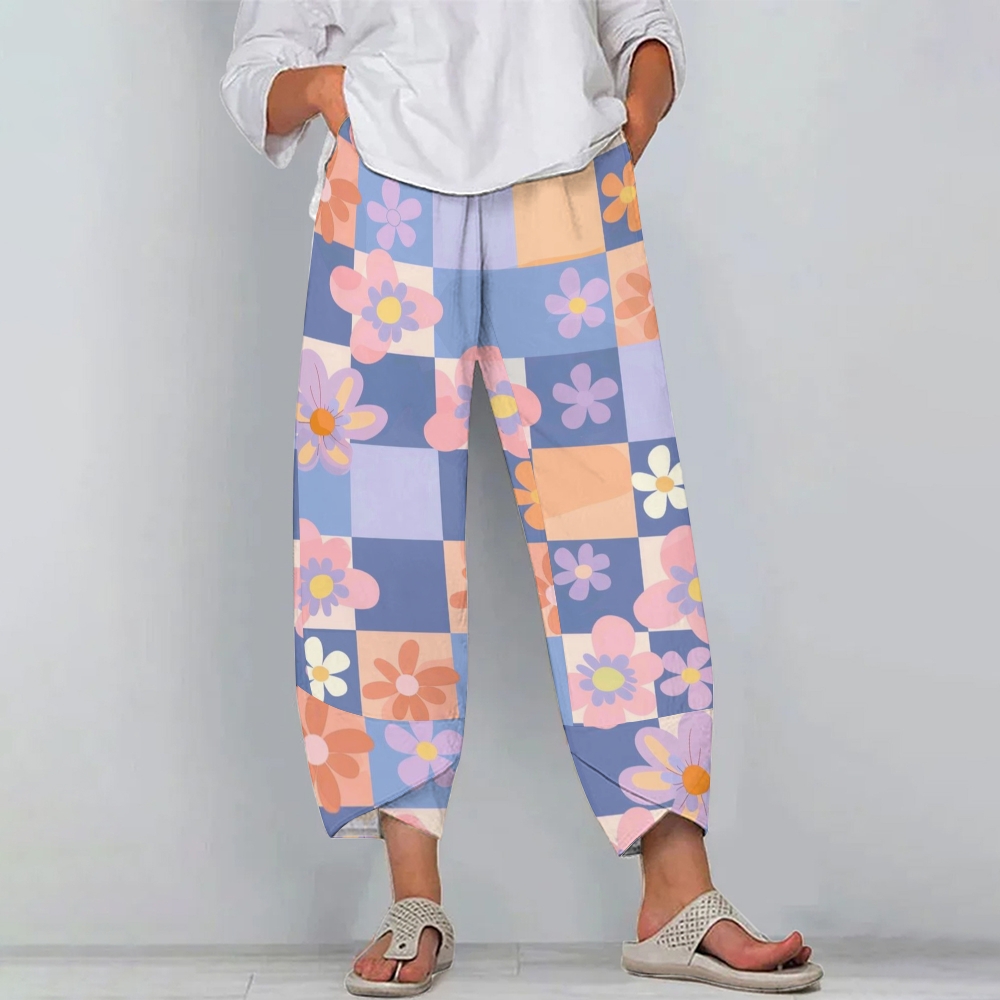Women's Casual Flowers Printed Cotton And Linen Pants