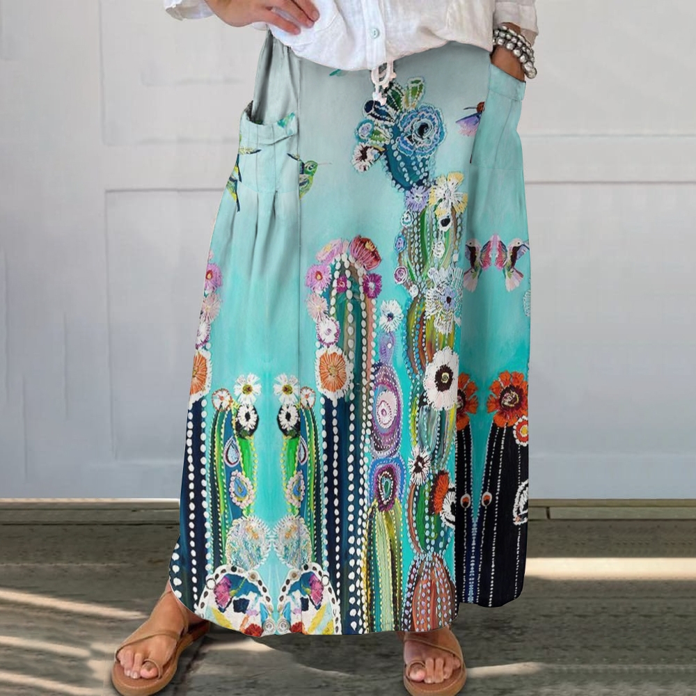 Women's Colorful Bright Plant Cactus Small Flowers Print Cotton And Line Skirt