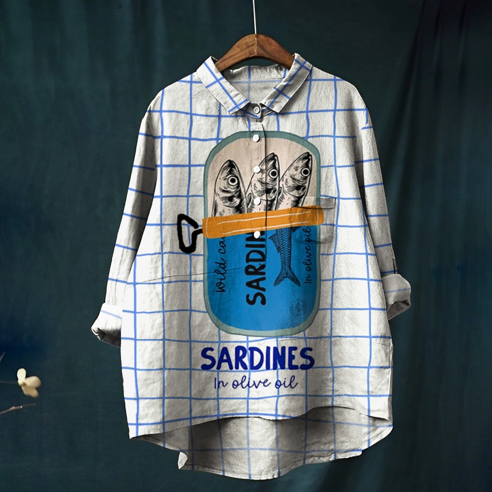 Women's Sardines Print Casual Cotton And Linen Shirt