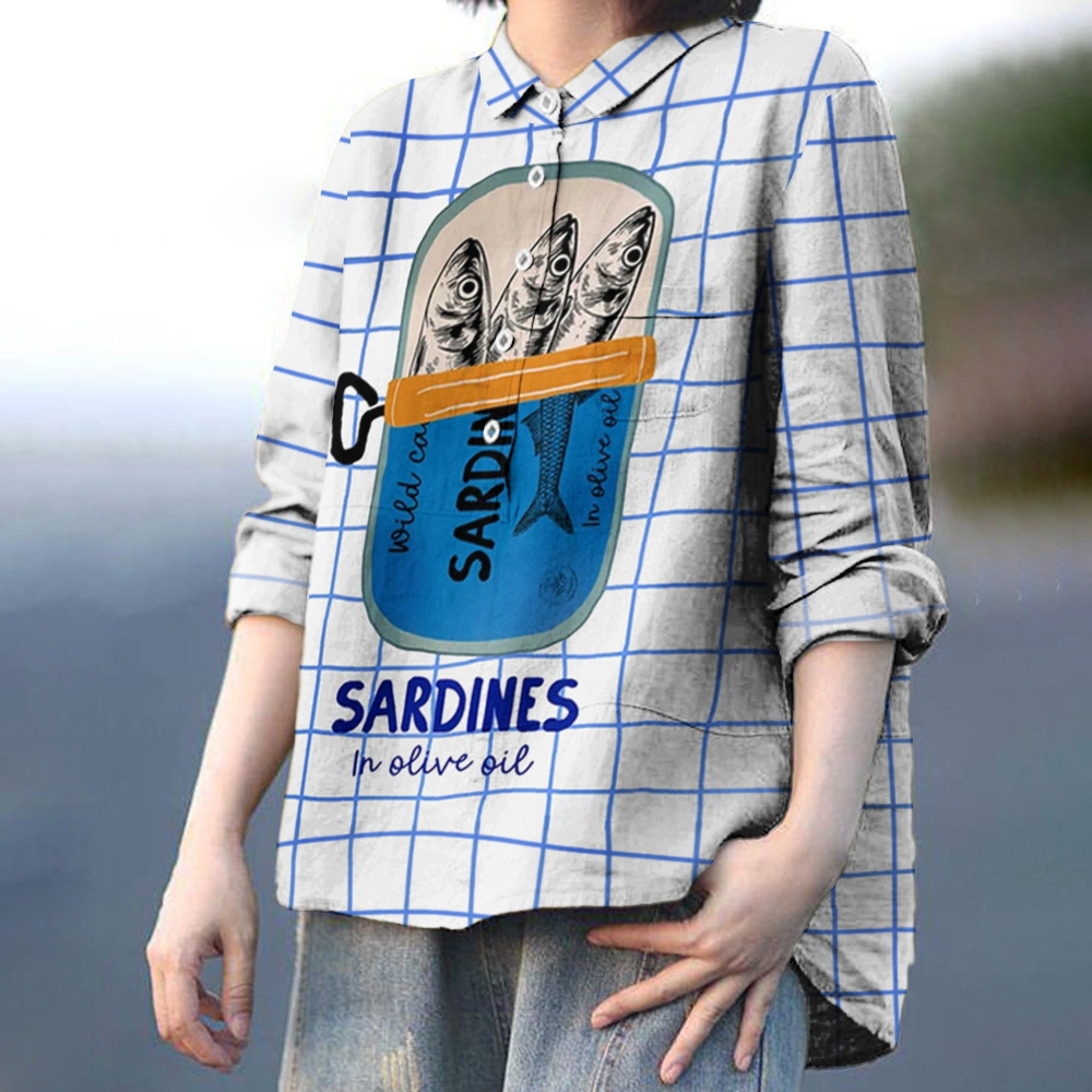 Women's Sardines Print Casual Cotton And Linen Shirt