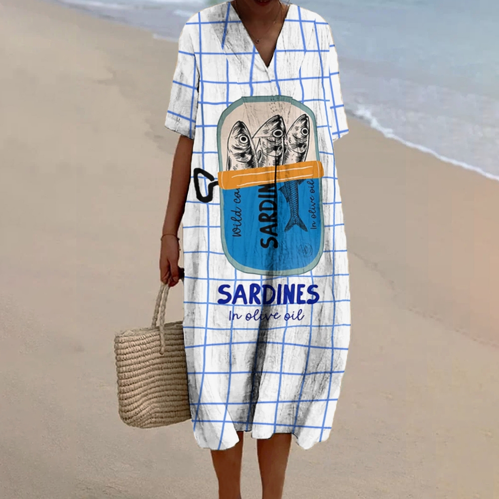 Women's Sardines Print Flowy Linen Dress