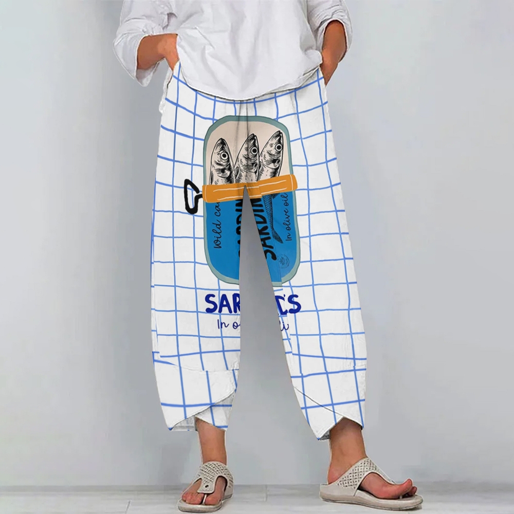 Women's Casual Sardines Printed Cotton And Linen Pants