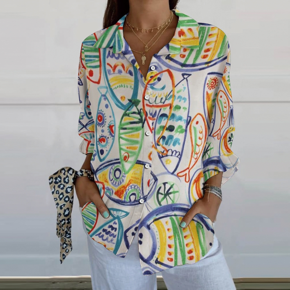 Women's Color Line Fish Print Casual Linen V-neck Shirt