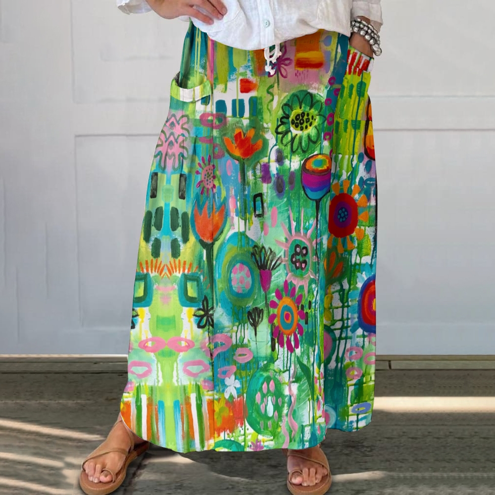 Women's Print Flowy Cotton And Line Skirt
