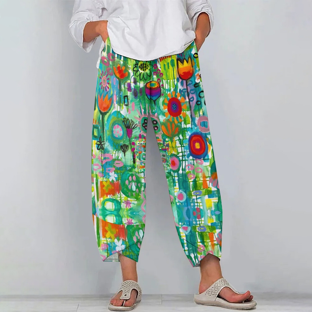 Women's Casual Printed Cotton And Linen Pants