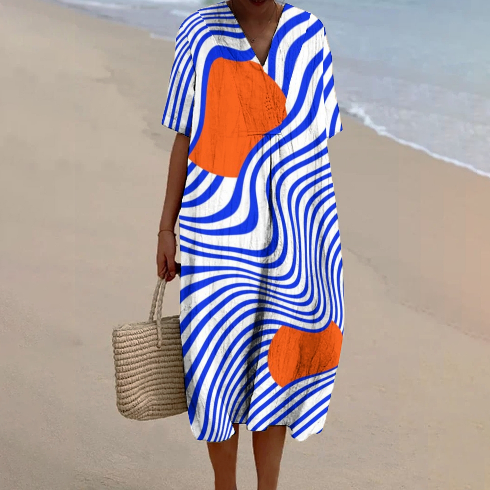 Women's Geometric Lines Watercolor Splash Fluid Art Print Linen Dress