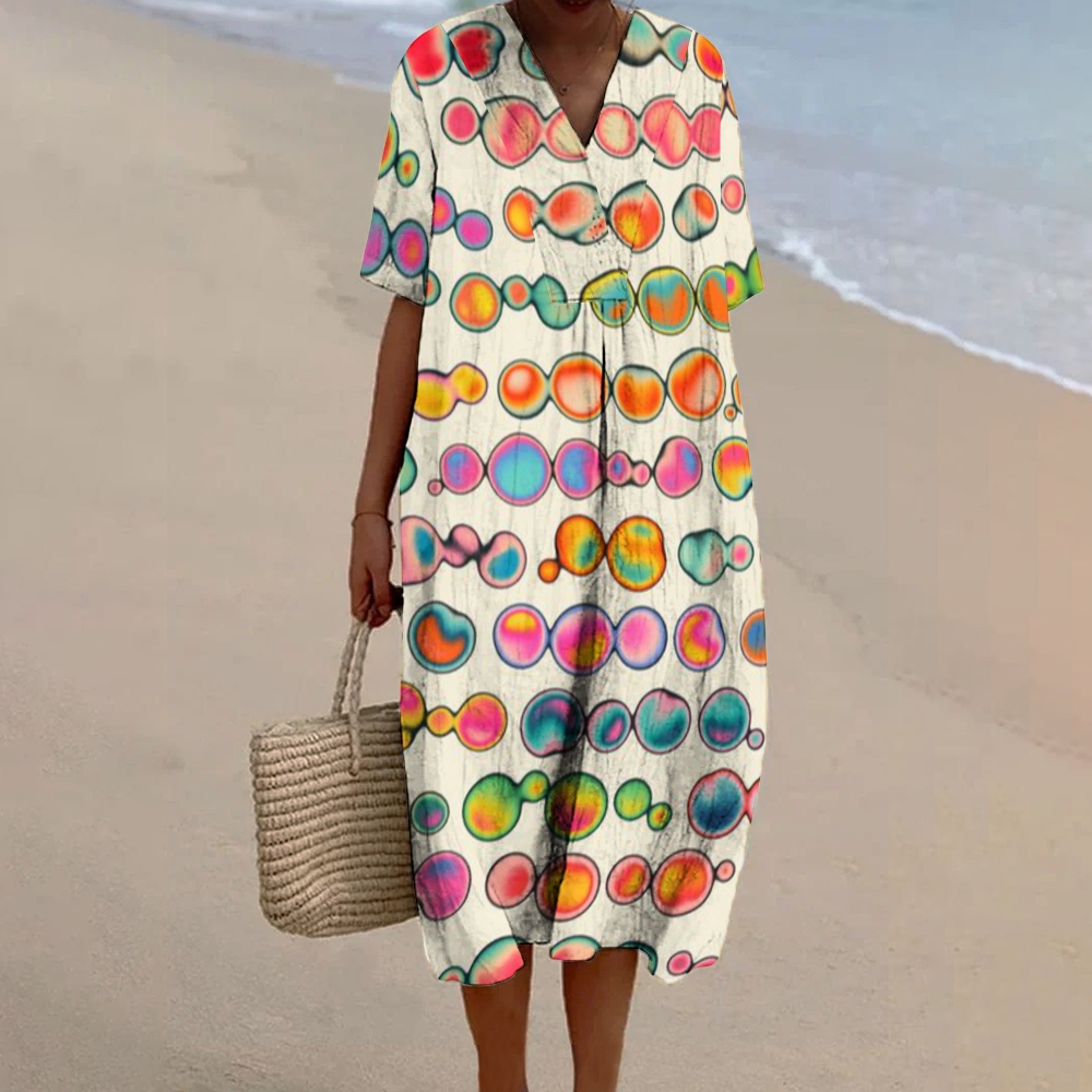 Women's Colored Bubble Dots Watercolor Splash Fluid Art Print Linen Dress