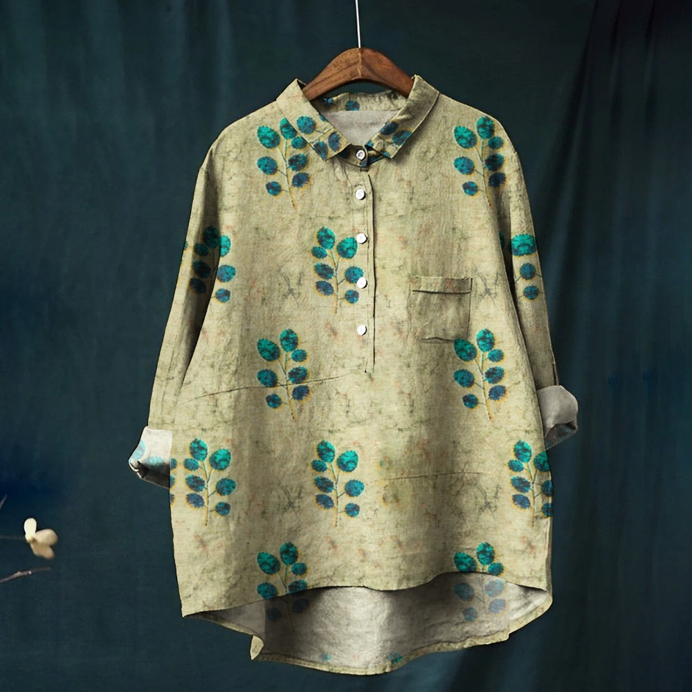 Women's  Flower Print Casual Cotton And Linen Shirt
