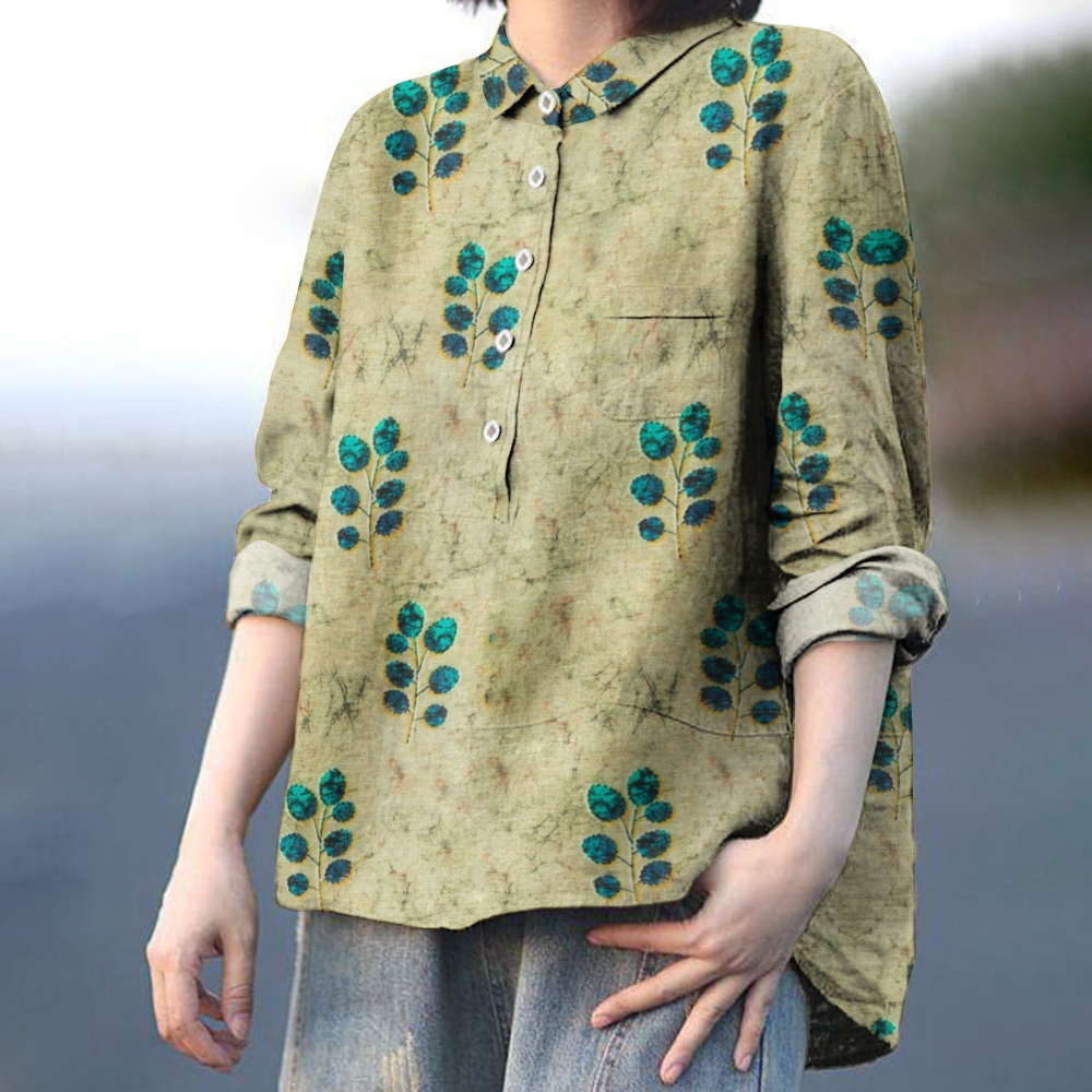 Women's  Flower Print Casual Cotton And Linen Shirt