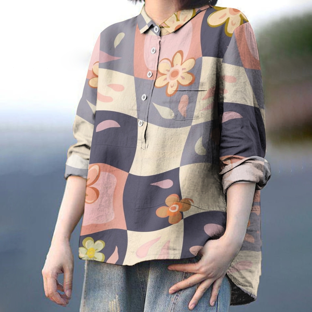 Women's Flowers Print Casual Cotton And Linen Shirt
