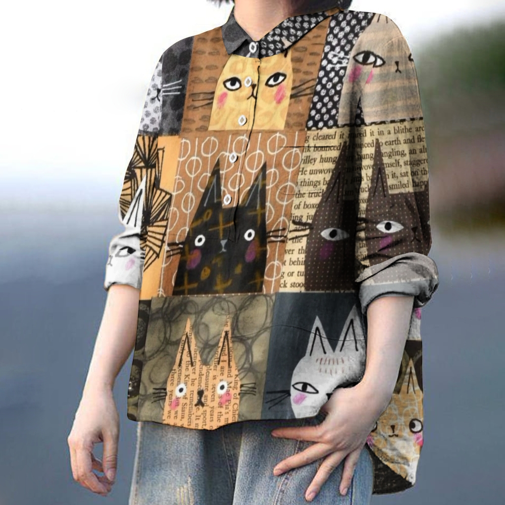 Women's Retro Kitten Print Casual Cotton And Linen Shirt
