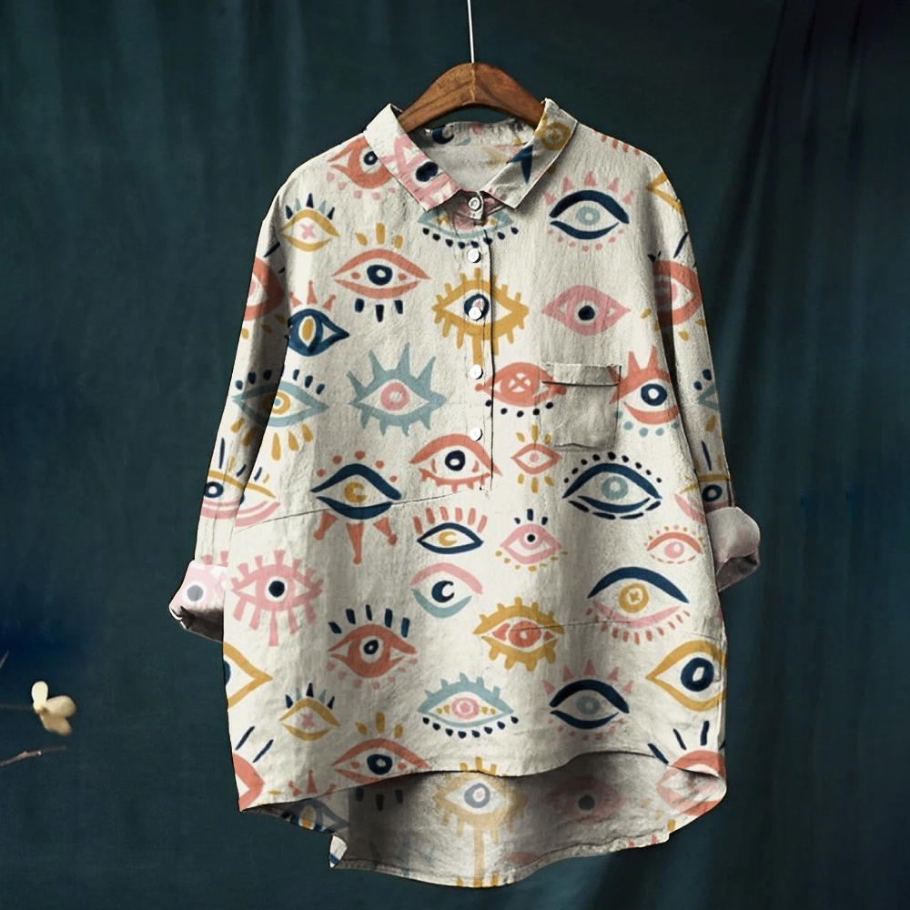Women's Colorful Eye Print Casual Cotton And Linen Shirt
