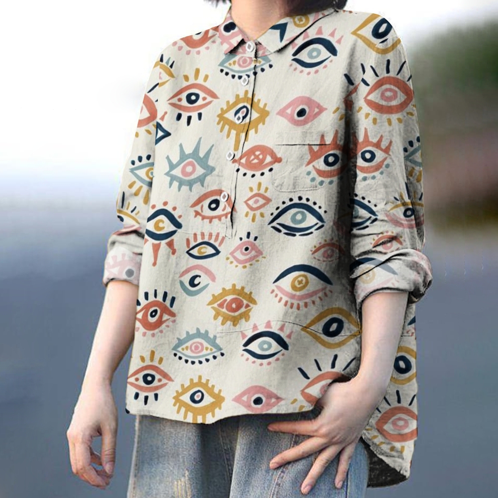 Women's Colorful Eye Print Casual Cotton And Linen Shirt