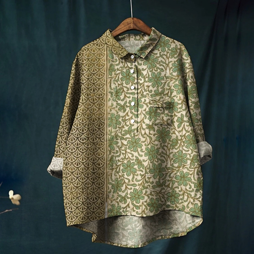 Women's Retro Splicing Leaves Print Casual Cotton And Linen Shirt
