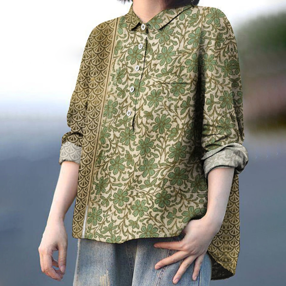 Women's Retro Splicing Leaves Print Casual Cotton And Linen Shirt