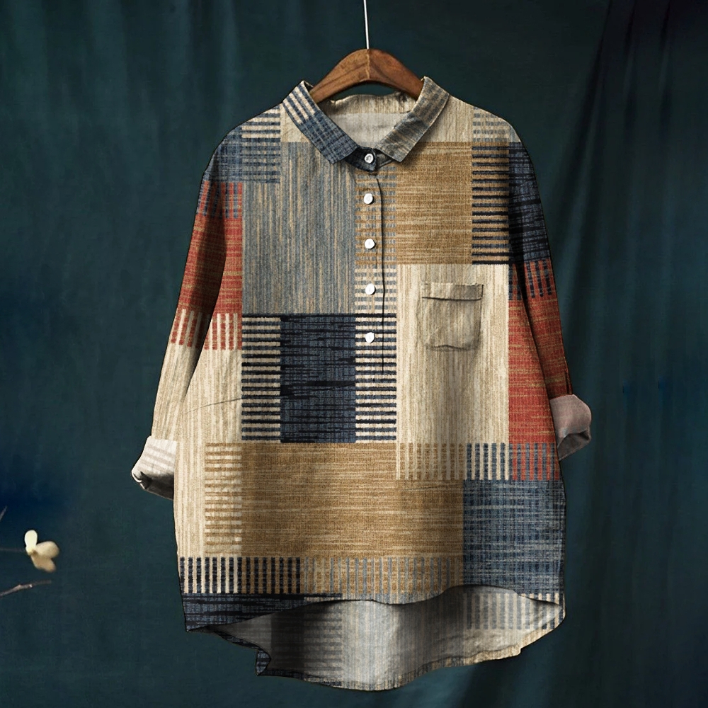 Women's Retro Mosaic Block Print Casual Cotton And Linen Shirt