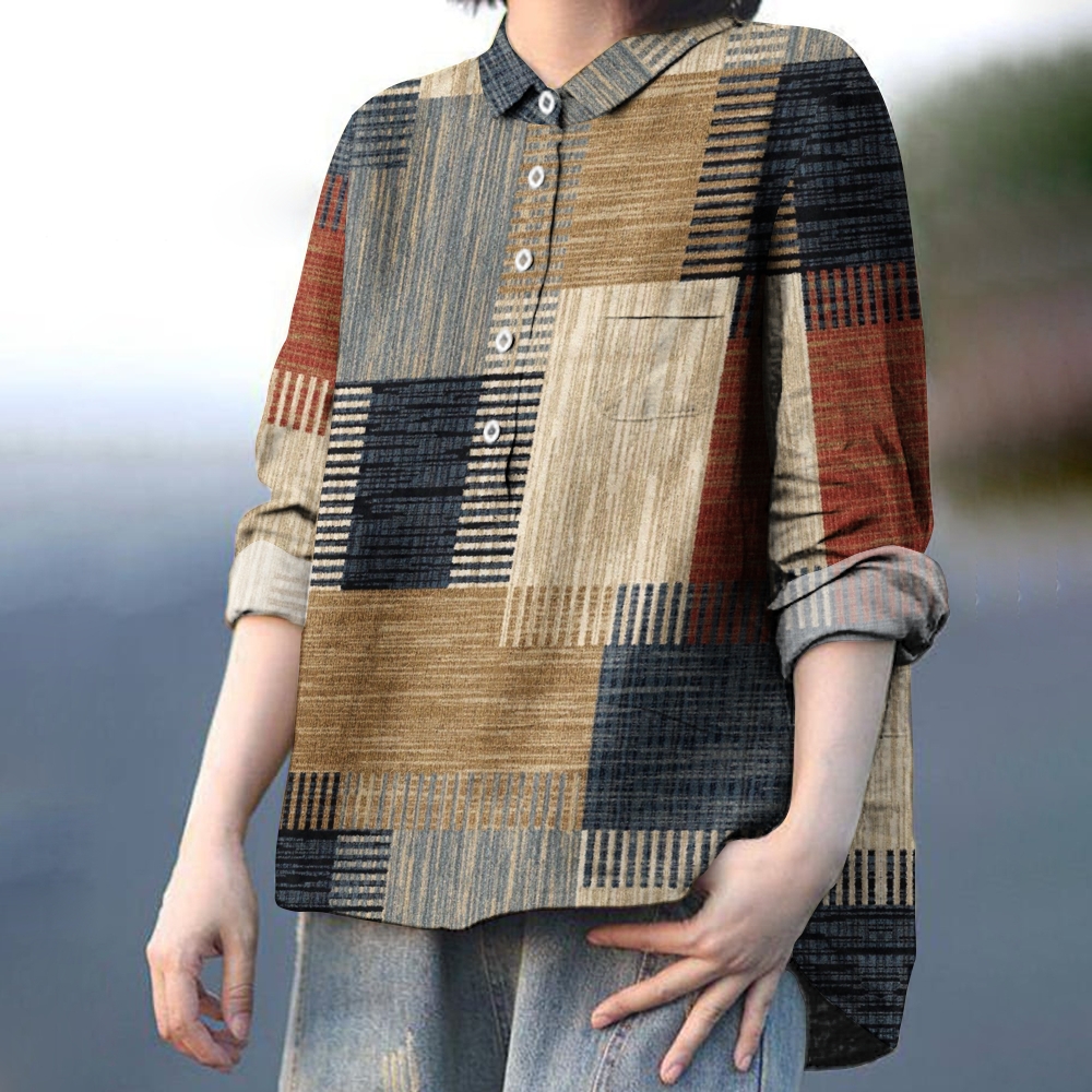 Women's Retro Mosaic Block Print Casual Cotton And Linen Shirt