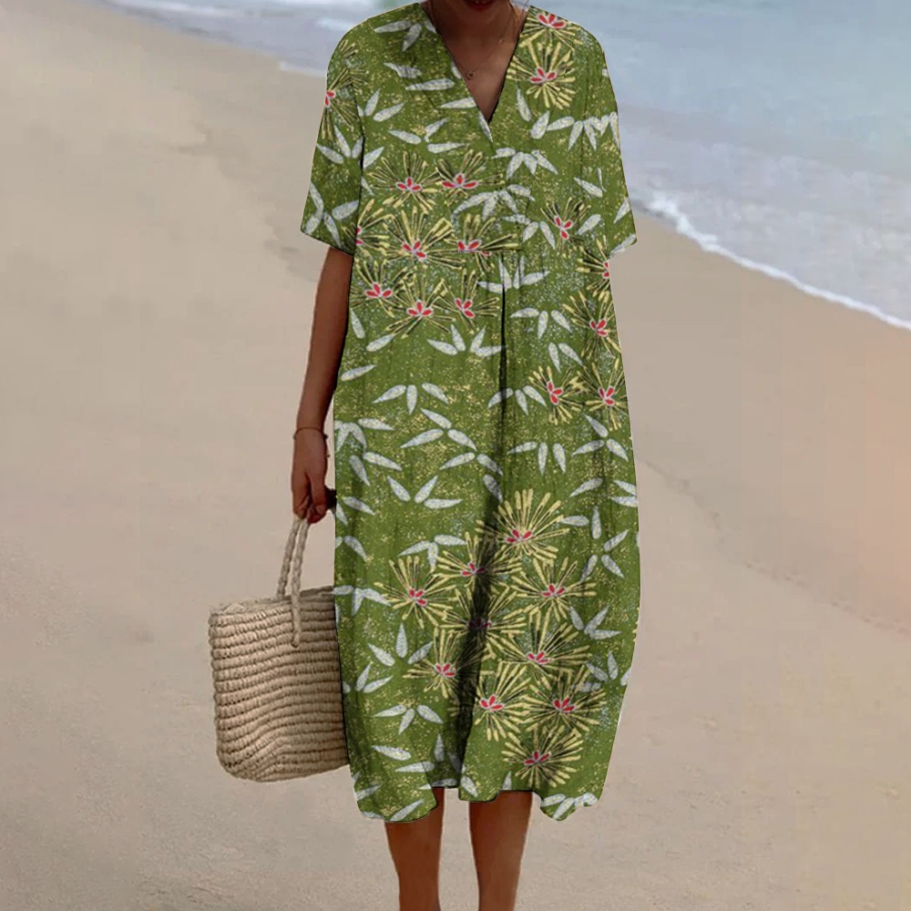 Women's Japanese Floral Print Women's V-Neck Pocket Short Sleeve Dress