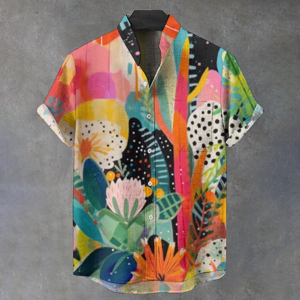 Men's Stand Collar Vintage Flowers Art Print Casual 100% Cotton Shirt