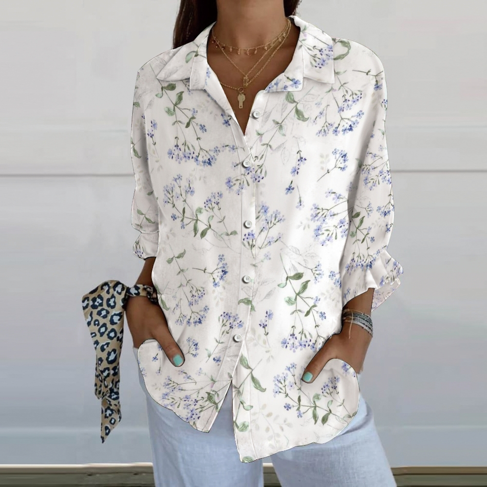 Women's  Purple Floral Print Casual Linen V-neck Shirt