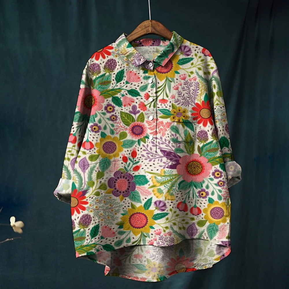 Women's Floral Art Print Casual Cotton And Linen Shirt