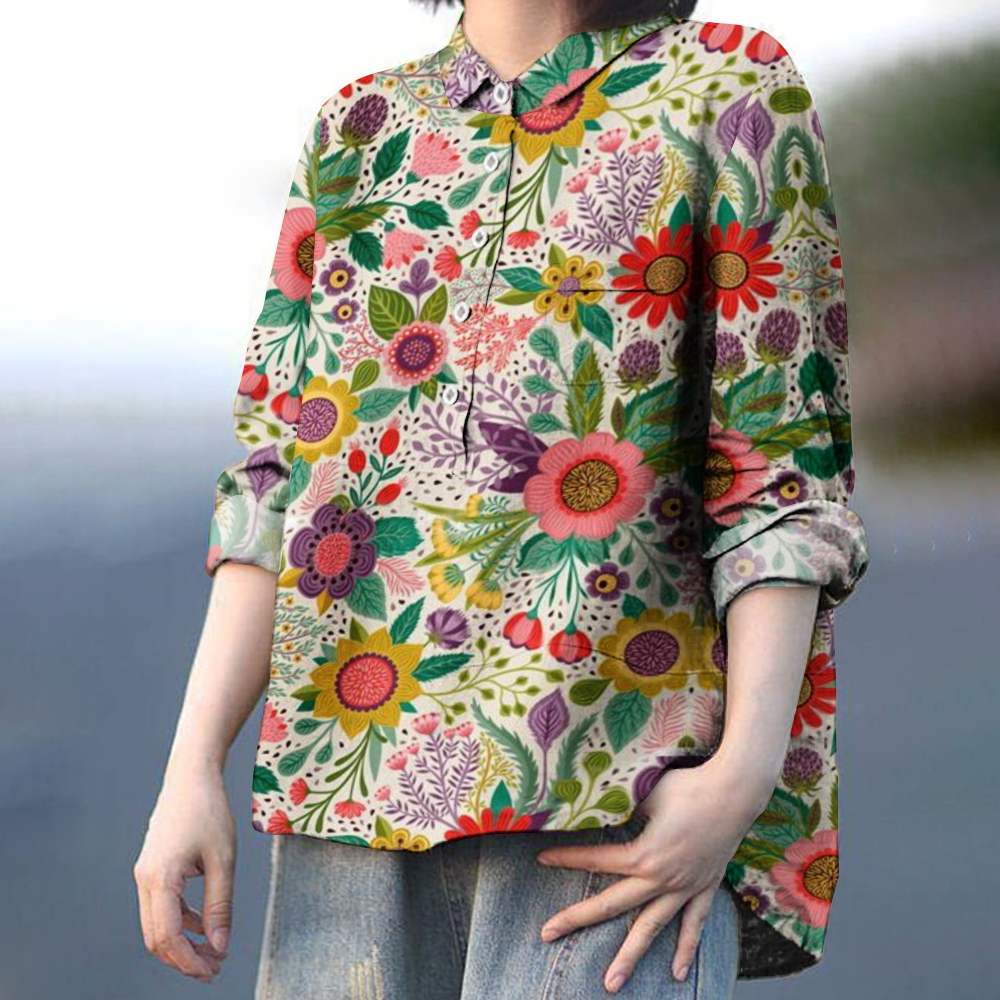 Women's Floral Art Print Casual Cotton And Linen Shirt