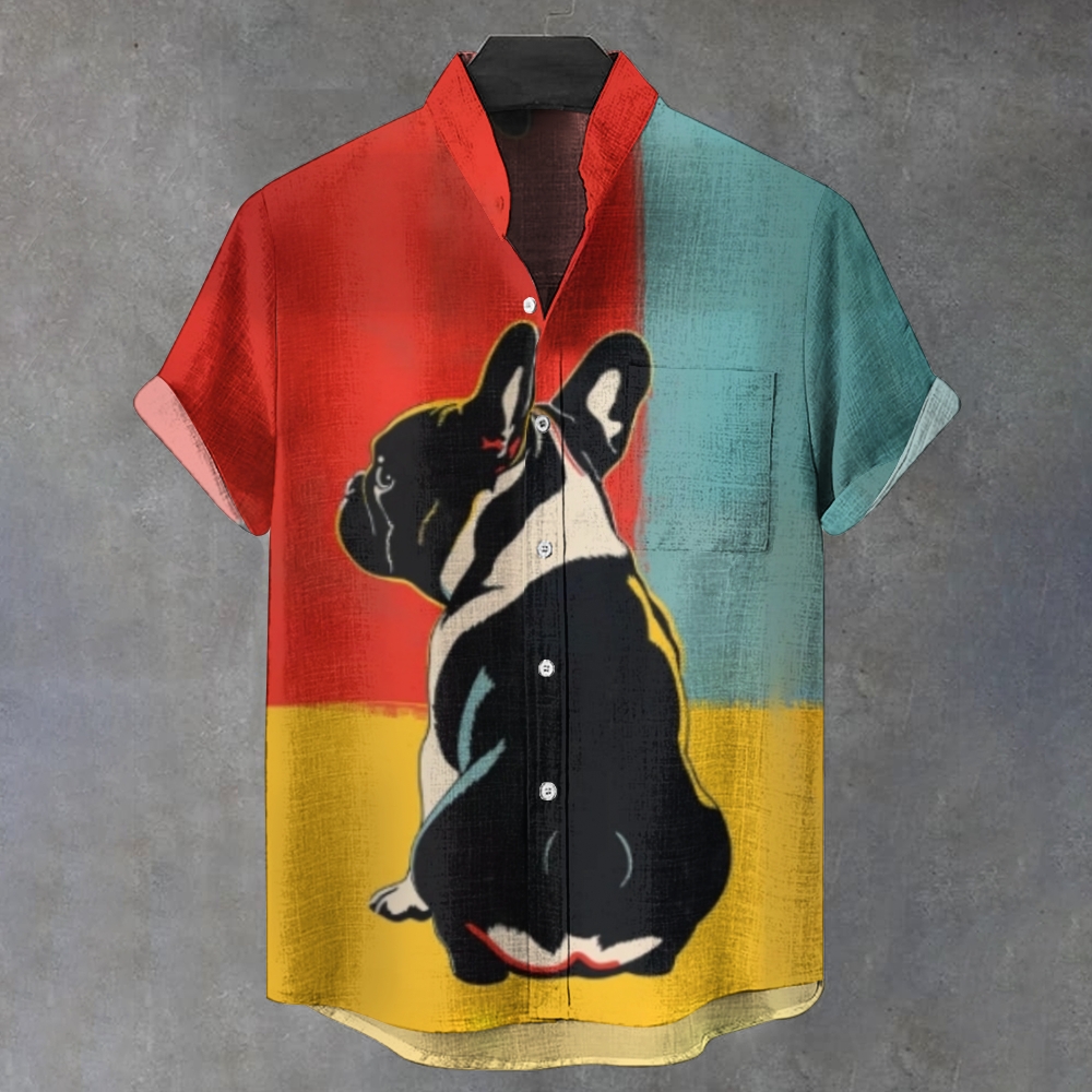 Men's Stand Collar Three-color Bottom French Bucket Printed Short Sleeve Shirt