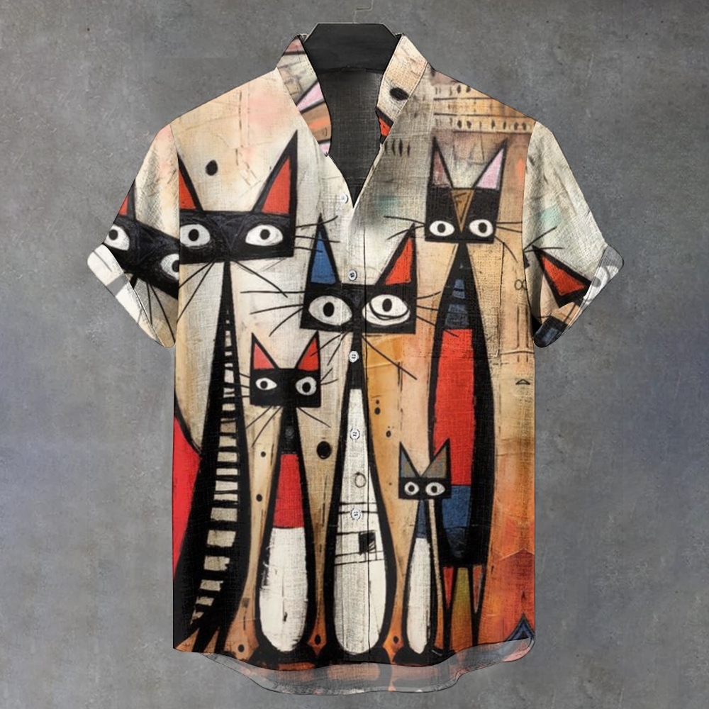 Men's Stand Collar Vintage Cat Art Printed Short Sleeve Shirt